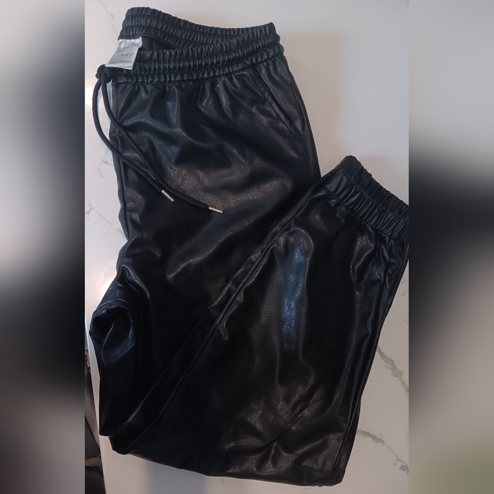 Vegan leather trackpants, size 14, black.